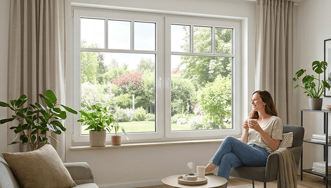 Frau sitzt gemütlich vor modernen weißen Kunststofffenstern mit Blick in einen sonnigen Garten.