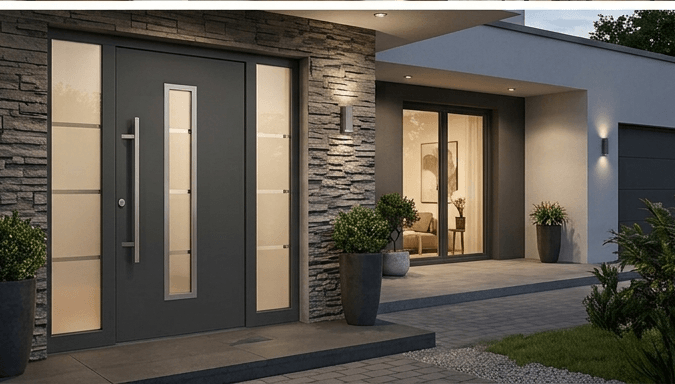 Elegante graue Haustür eines modernen Hauses bei Dämmerung mit dezenter Beleuchtung.